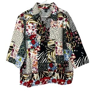 NWOT Candy Couture Patchwrk Floral Animal Print Butn Up Shirt Wmn XL 100% Cotton